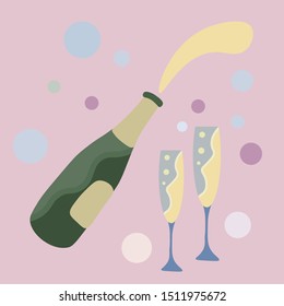 Festive background with champagne and two glasses. Invitation card, greeting card. Wedding, Birthday, New Year.