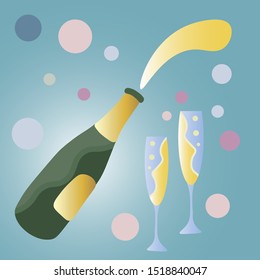 Festive background with champagne and two glasses. Invitation card, greeting card. Wedding, Birthday, New Year.