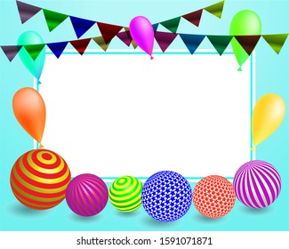 festive background of children's holiday with flags, balloons and a sheet of paper for text on a bright blue background