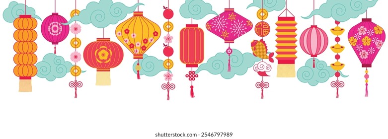 Fundo festivo com lanternas chinesas de várias formas e desenhos pendurados no céu com nuvens. Fundo brilhante com lanternas asiáticas tradicionais, pingentes, nuvens em estilo chinês.