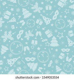 Festive background with Christmas attributes. Fir-trees, clocks, snowflakes, stars, gifts, glasses, mistletoe branches and other. Vector seamless pattern.