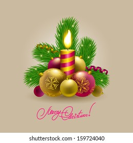 Festive background with Christmas balls, candle, serpentine and fir branches for cards, invitations. Vector illustration. EPS10.