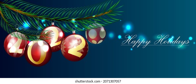 Festive background. Christmas balls with numbers 2022 and  branch
