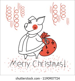 Festive background for Christmas, postcard. Vector illustration. Pig in a fur coat holding a bag of gifts.
