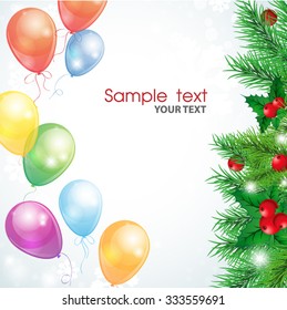 festive background with Christmas tree and balloons