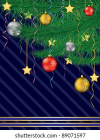 Festive background with Christmas tree branch and decoration. EPS 10.