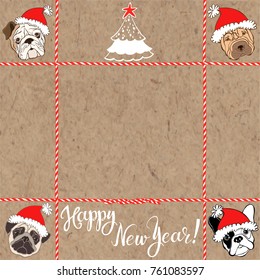 Festive background with Christmas tree and dog's face in Santa's hat on kraft paper. Dog - animal symbol of new year 2018. Vector illustration can be greeting cards, invitations, and design element.