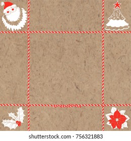 Festive background with Christmas tree, Santa Claus, holly, poinsettia and twisted cord on kraft paper. Vector illustration can be greeting cards, invitations, and design element.