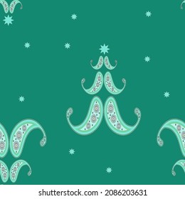 Festive background of Christmas trees, like Paisley, turkish buta, stars in green colors. Seamless elegant bright background for packaging, textiles, gift boxes.