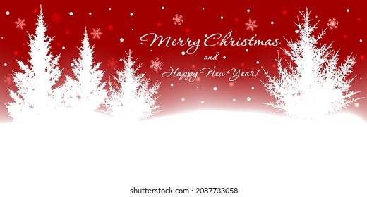 Festive background with Christmas trees and shiny snowflakes for New Year greeting card design