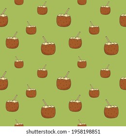 Festive background with coconut. The vector seamless pattern is isolated on a green background.