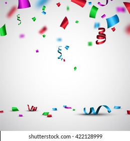 Festive background with color confetti and serpentine. Vector paper illustration.