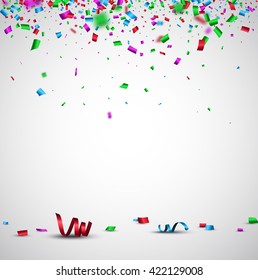 Festive background with color confetti and serpentine. Vector paper illustration.
