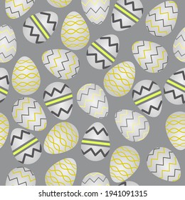 Festive background with colored eggs. For printing on fabrics, decorative pillows, kitchen textiles, paper. Gray and yellow are the main colors of 2021. Vector graphics.
