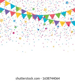 Festive background with colored flags and confetti, illustration