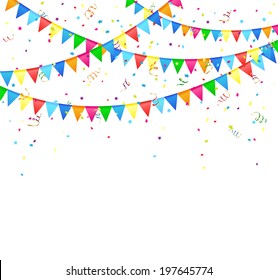 Festive background with colored flags and confetti, illustration.