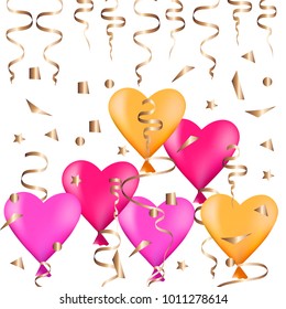 Festive background with colorful balloons in the shape of  heart and confetti. Party. Celebration. Vector.