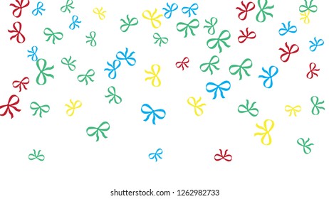 Festive Background with Colorful Bows. Cute Pattern for Postcard, Print, Banner or Poster. Small Pretty Bows For Party Decoration, Wedding, Birthday or Anniversary Invitation. Vector
