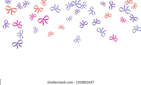 Festive Background with Colorful Bows. Cute Pattern for Postcard, Print, Banner or Poster. Small Pretty Bows For Party Decoration, Wedding, Birthday or Anniversary Invitation. Vector
