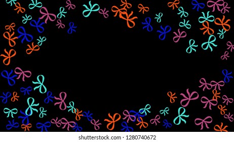 Festive Background with Colorful Bows. Trendy Pattern for Postcard, Print, Banner or Poster. Little Pretty Bows For Party Decoration, Wedding, Birthday or Anniversary Invitation. Vector Frame.

