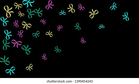 Festive Background with Colorful Bows. Trendy Pattern for Postcard, Print, Banner or Poster. Little Pretty Bows For Party Decoration, Wedding, Birthday or Anniversary Invitation. Vector Frame.
