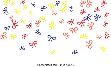 Festive Background with Colorful Bows. Trendy Pattern for Postcard, Print, Banner or Poster. Little Pretty Bows For Party Decoration, Wedding, Birthday or Anniversary Invitation. Vector Frame.
