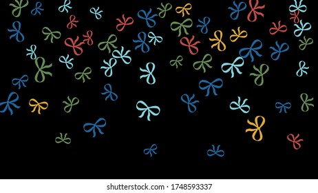 Festive Background with Colorful Bows. Trendy Pattern for Postcard, Print, Banner or Poster. Little Pretty Bows For Party Decoration, Wedding, Birthday or Anniversary Invitation. Vector
