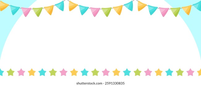 Festive background with colorful bunting flags and stars. Perfect for party invitations, banners, and children's designs. Vector illustration