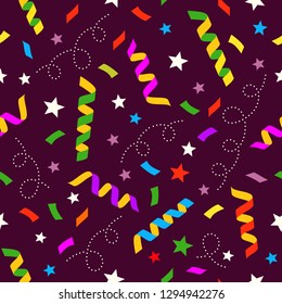 Festive background with colorful confetti and streamers. Seamless pattern.