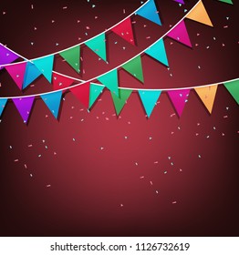 Festive background with Colorful Party Flags with Confetti