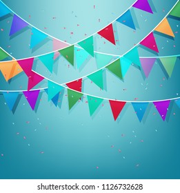 Festive background with Colorful Party Flags with Confetti on blue sky background
