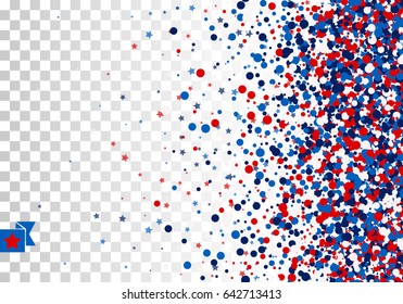 Festive background concept with scatter circles, stars in traditional American colors - red, white, blue. Isolated.