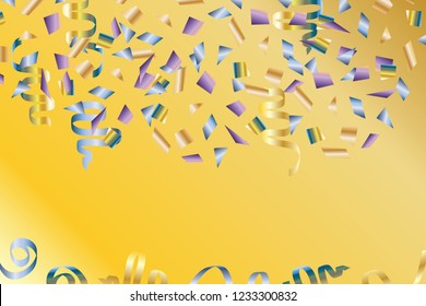 Festive background with confetti. Golden, light blue and crimson triangles and quadrangles. Abstract background for holiday parties, banners, posters, carnivals, children's parties, greeting cards.