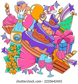 Festive background. Cute design elements on the theme of birthdays and parties. Vector illustration for greeting card, poster