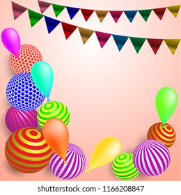 festive background of decorative balls and flags, light pink background, place for text