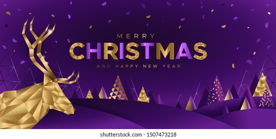 Festive background with deer and Christmas trees in geometric style. Unique design for banner, poster or invitation