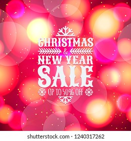 Festive background with defocused lights. Bokeh abstract pattern with promotion sale text