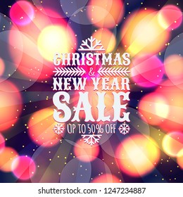 Festive background with defocused lights. Bokeh abstract pattern with promotion sale text