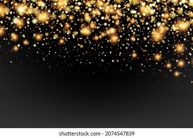 Diseño de fondo festivo con brillo de confeti en caída, polvo de oro, brillo de oro, bokeh