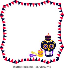 Festive background for Dia de los Muertos celebration. Traditional Mexican holiday with sugar skulls. Decorative border template for poster, banner, or invitation design. Vector illustration.