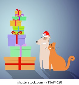 festive background with dog in hat and mountains of gifts, vector. The dog in the red cap is happy