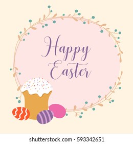 Festive background with Easter cake, painted eggs, floral wreath and the inscription Happy Easter. Greeting card design template.