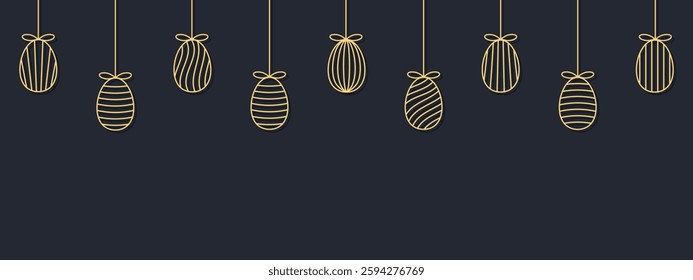 Festive background for Easter Day with linear golden eggs on a dark blue background