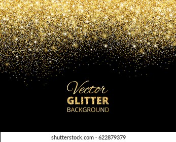 Festive background with falling glitter confetti, golden dust. Sparkling glitter border, vector frame. Great for wedding invitations, party posters, christmas, new year and birthday cards.