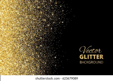 Festive background with falling glitter confetti, golden dust on black. Sparkling glitter border, vector frame. Great for wedding invitations, party posters, christmas, new year and birthday cards.