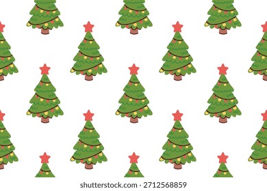 Fondo festivo con abetos repetitivos con estrellas rojas y luces brillantes. Textura de Festiva con abetos decorados para envolver papel o diseño textil.