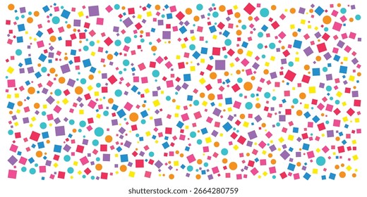 ein festlicher Hintergrund mit einer Vielzahl von bunten Quadraten und Kreisen vor einer sauberen weißen Kulisse, perfekt, um jedem Design oder kreativen Projekt einen Hauch von Feier und Freude hinzuzufügen