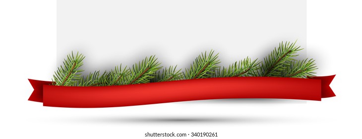 Festive background with fir branch and ribbon. Vector illustration.