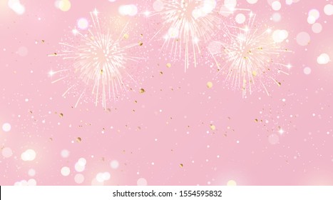 Fondo festivo con fuegos artificiales y luces en colores rosa y dorado. Ilustración del vector