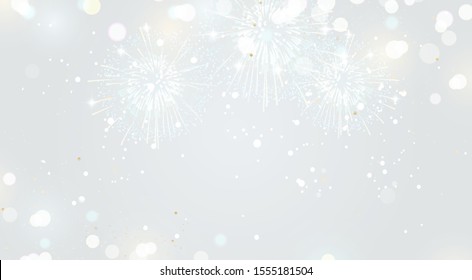 Festive background with fireworks and lights in silver colors. Vector illustration